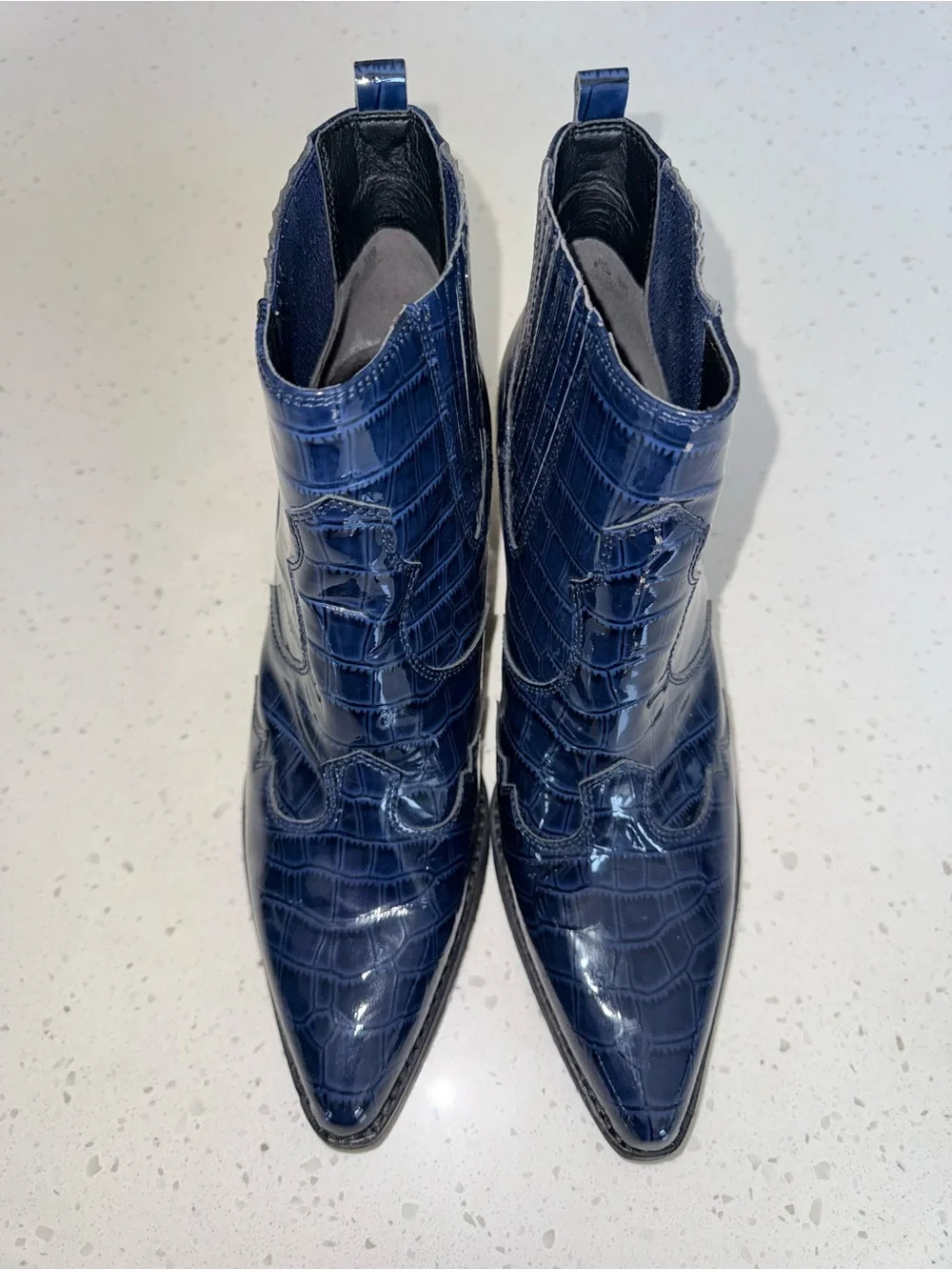 Sam Edelman Navy Croc-Embossed Patent Ankle Booties